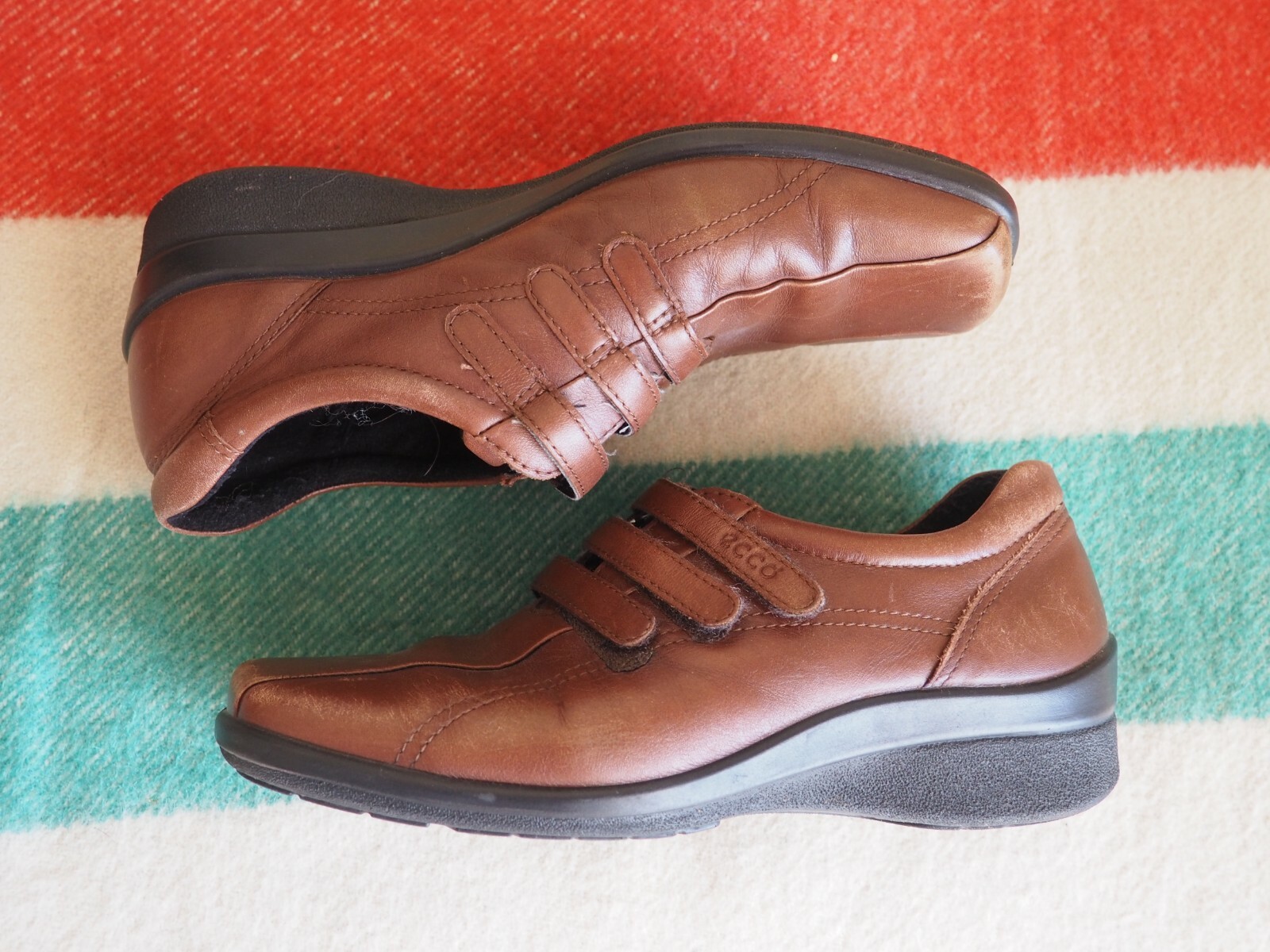 ECCO LIGHT Brown Hook and Loop Straps Vegetable Tanned Comfort Shoes Women’s 38