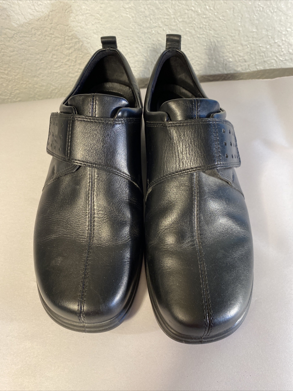 Ecco Shoes Womens Sz 38 Monk Strap Loafer Oxford Black Leather Hook Loop 13333