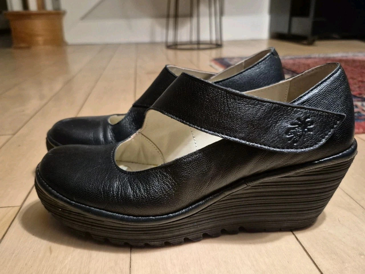 FLY London Women’s Black Leather Mary Jane Comfort Wedge Shoes US 8.5