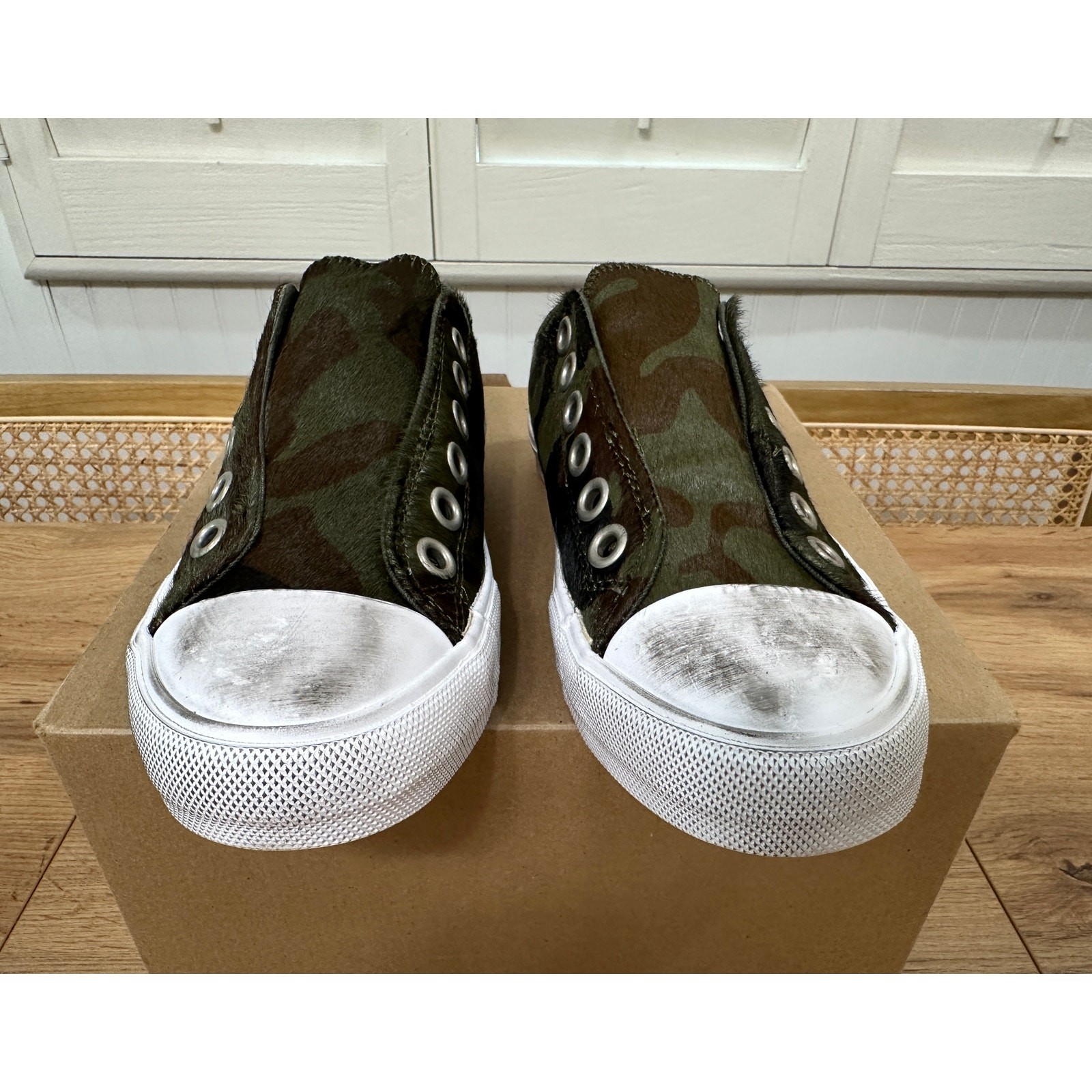 Naughty Monkey Shalomar Sneaker Camo Leather 100% Pony Hair Sz 6 NWOB Distressed