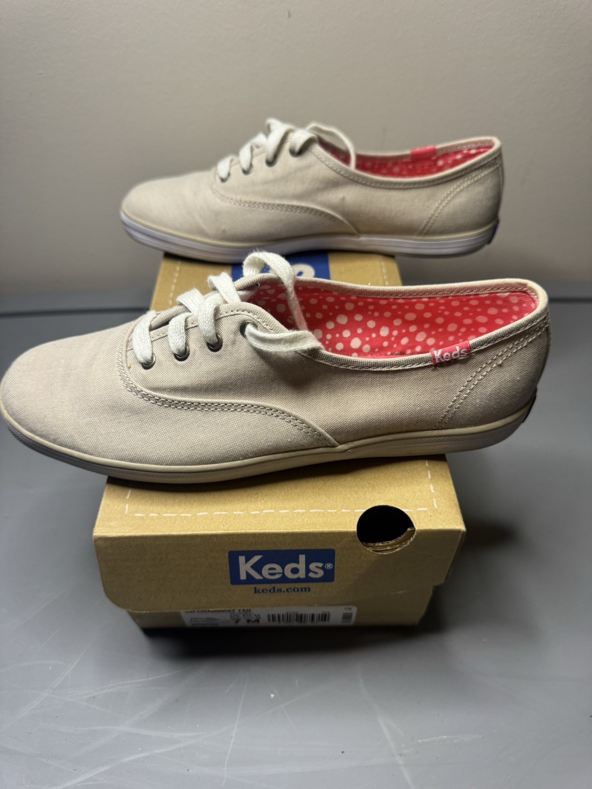 Keds Champion Chambray Tan Canvas Sneakers Women’s Size 7M Lace Up Casual