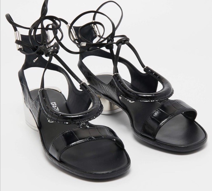 Salvatore Ferragamo Black Croc Embossed Leather Glorja Sandals 9.5 40