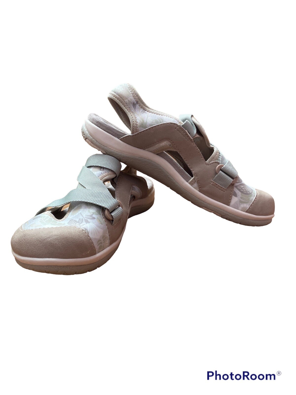 Womens Earth Origins Slip-On Adjustable Strap Size 7 Floral Cloth and Suede