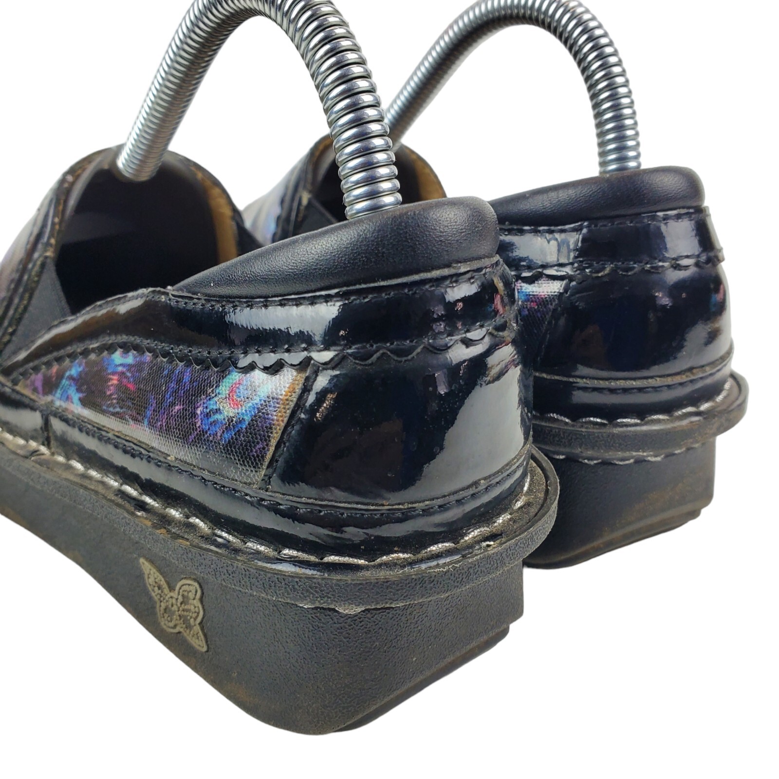 ALEGRIA Shoes Womens 38 US 7 Black Peacock Animal Print Nursing Clogs DEB-365