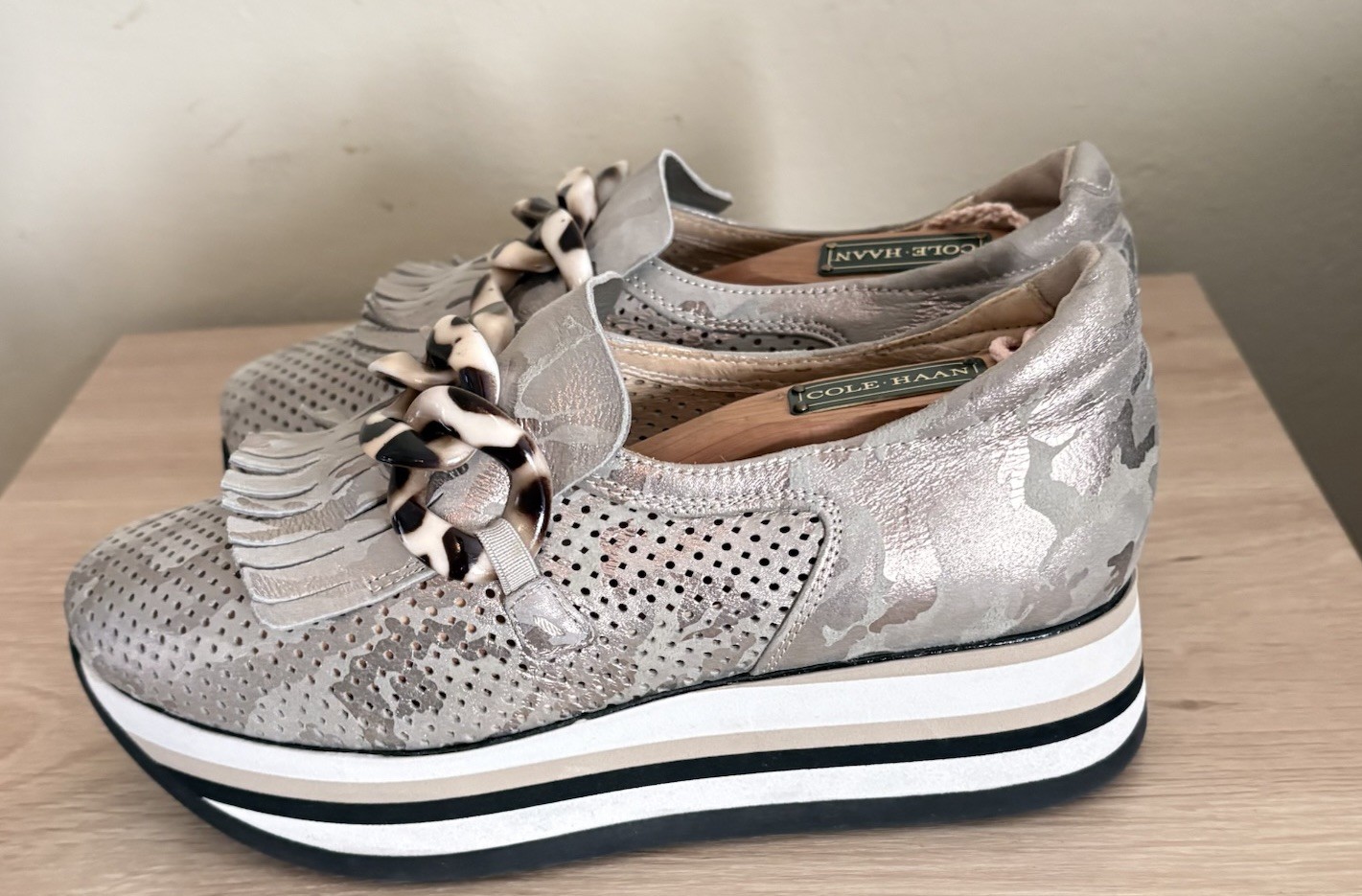 Softwaves Cadie Platform Metallic Kaki Slip-on Wedge Loafer Women’s Size 35 1/2
