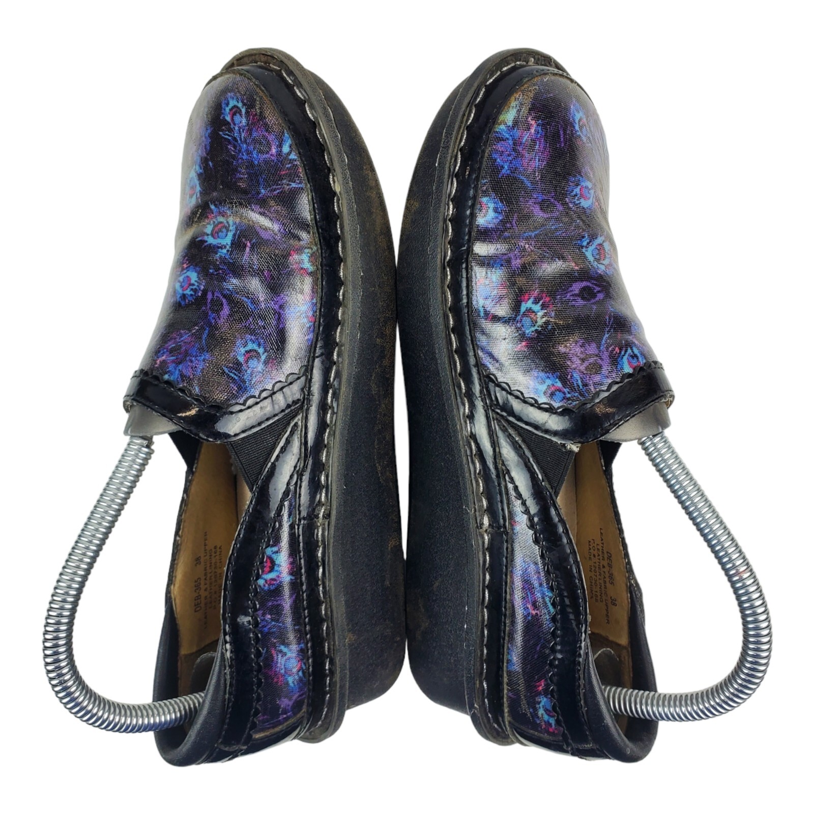 ALEGRIA Shoes Womens 38 US 7 Black Peacock Animal Print Nursing Clogs DEB-365