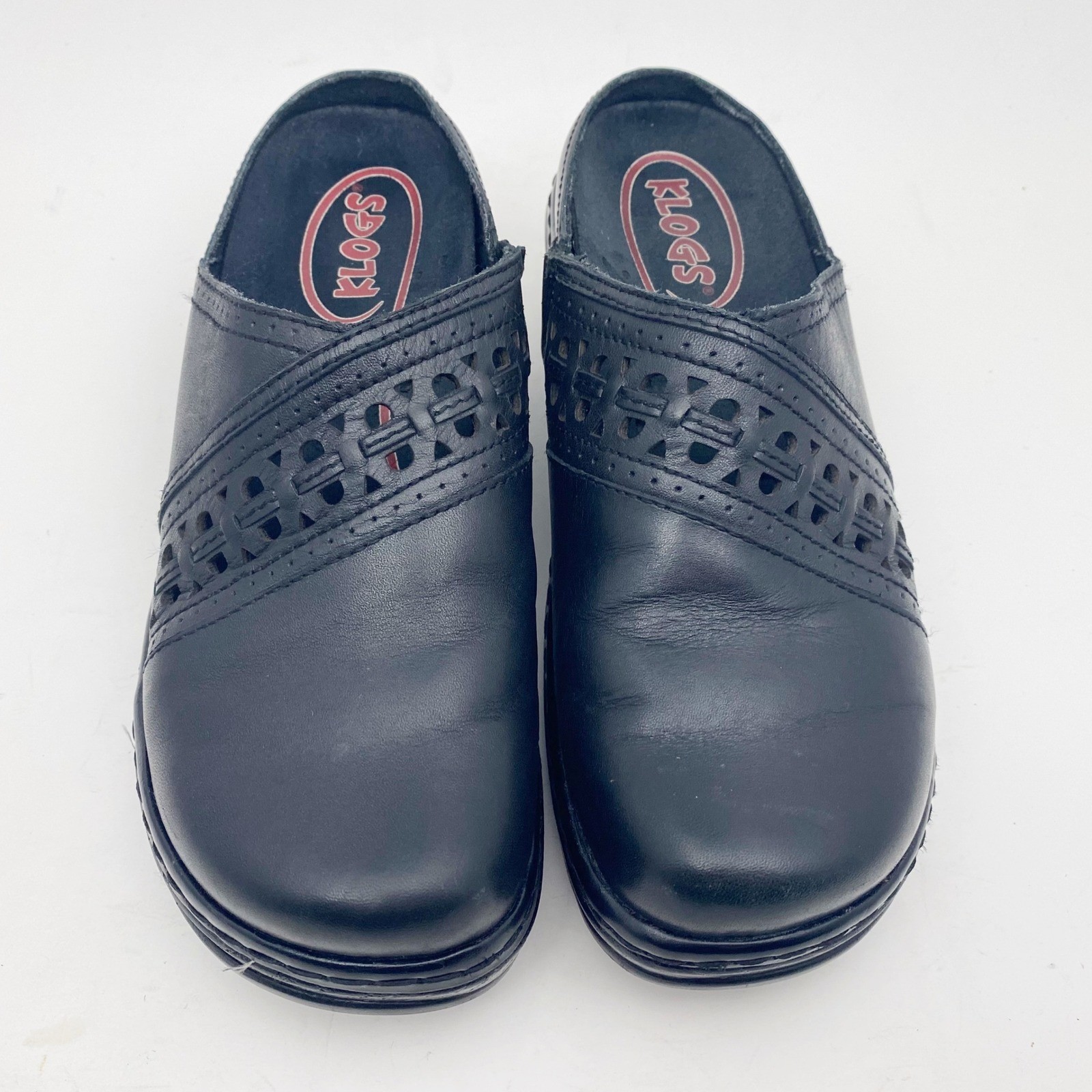 Klogs Syracuse Laser Cut Leather Platform Wedge Clog Womens 7.5M Black