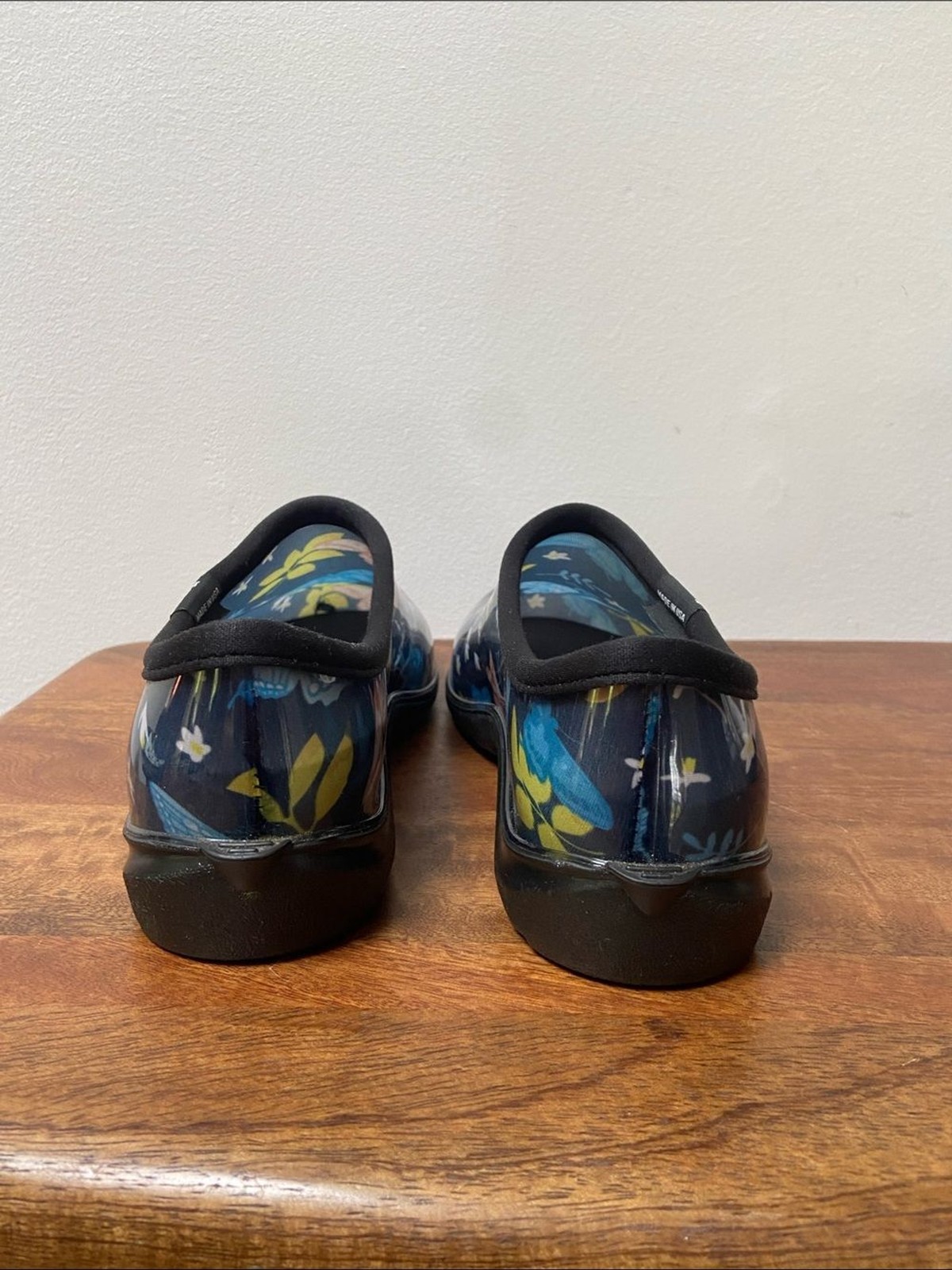 Sloggers Floral Butterfly Slip-On Clogs – Navy with Blue, Yellow & Coral Accents
