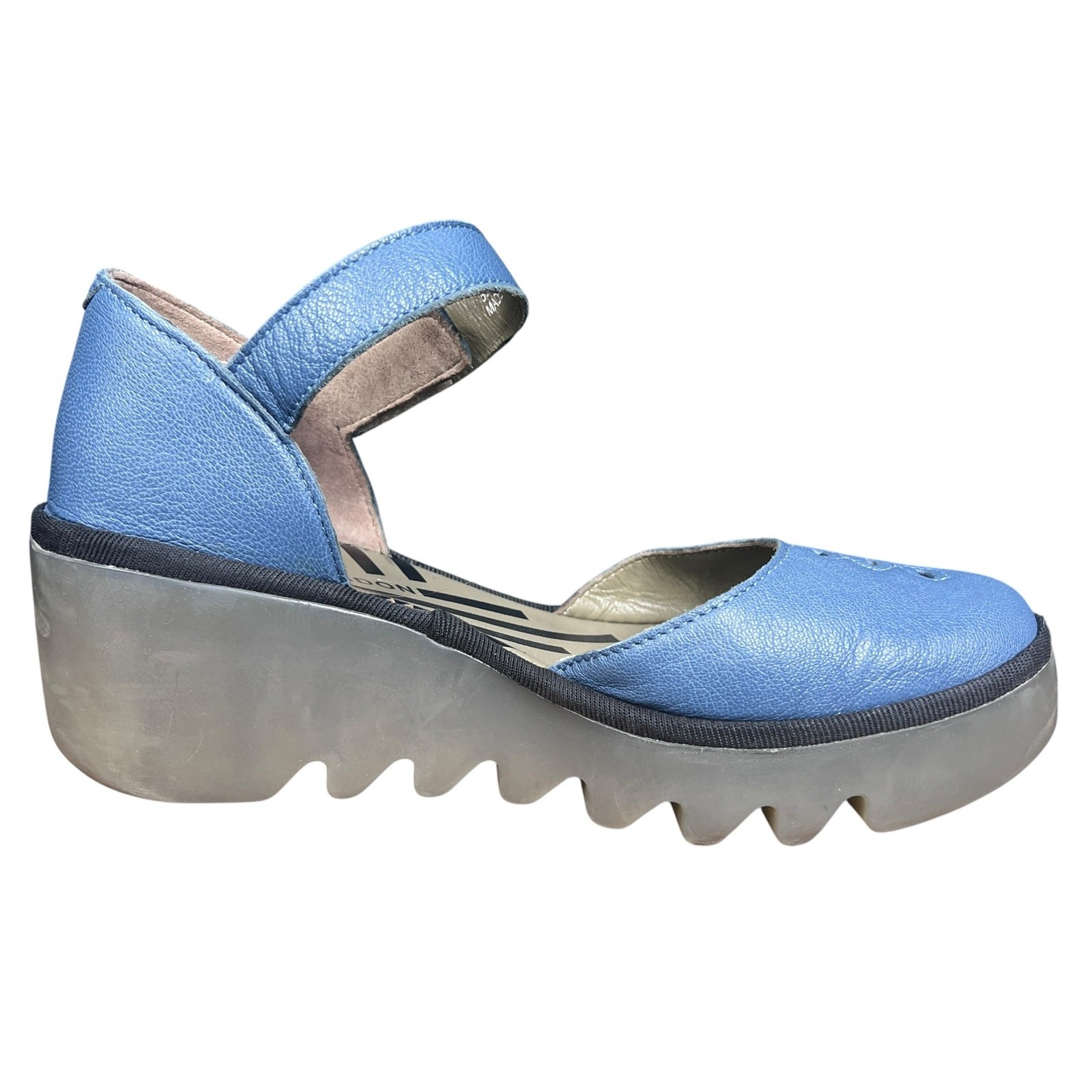 Fly London Biso305 Blue Leather Ankle Strap Cutout Wedges Size 38 US 7.5/8