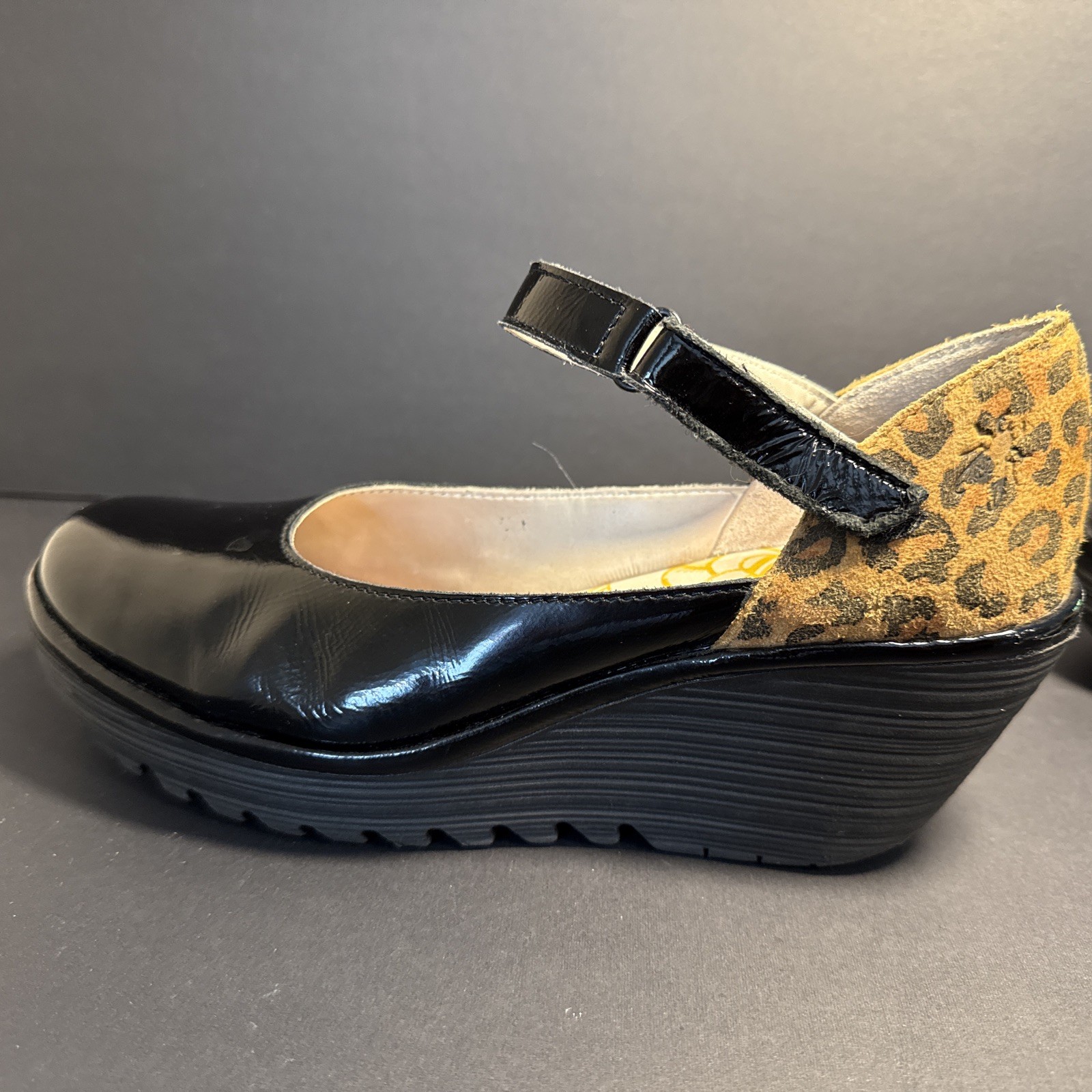 Fly London Leather Women’s Wedge Black Patent Leopard Suede Heel Size 38 US 8