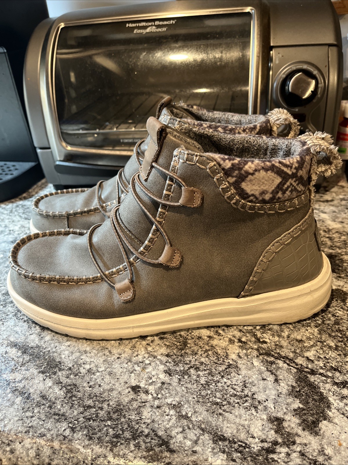 Hey Dude Womens Eloise Recycled Leather Comfort Boot Shoes Gray Size 10 Pre Owne