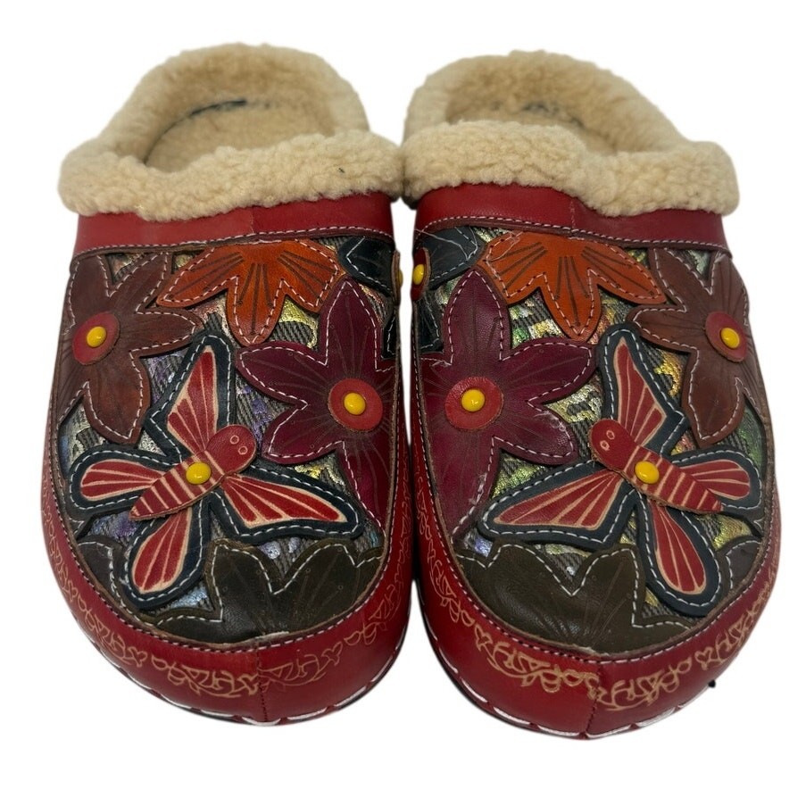 Embroidered Leather Shearling Lined Clogs EU 38 Boho Mule