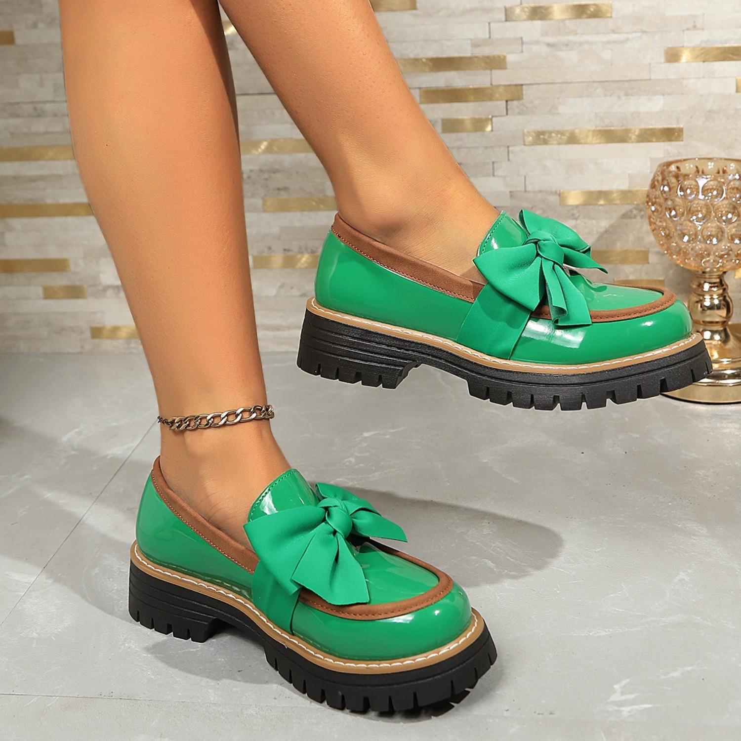 Women Patent Leather Loafers, Round Toe Bow Chunky Heel Platform Shoes