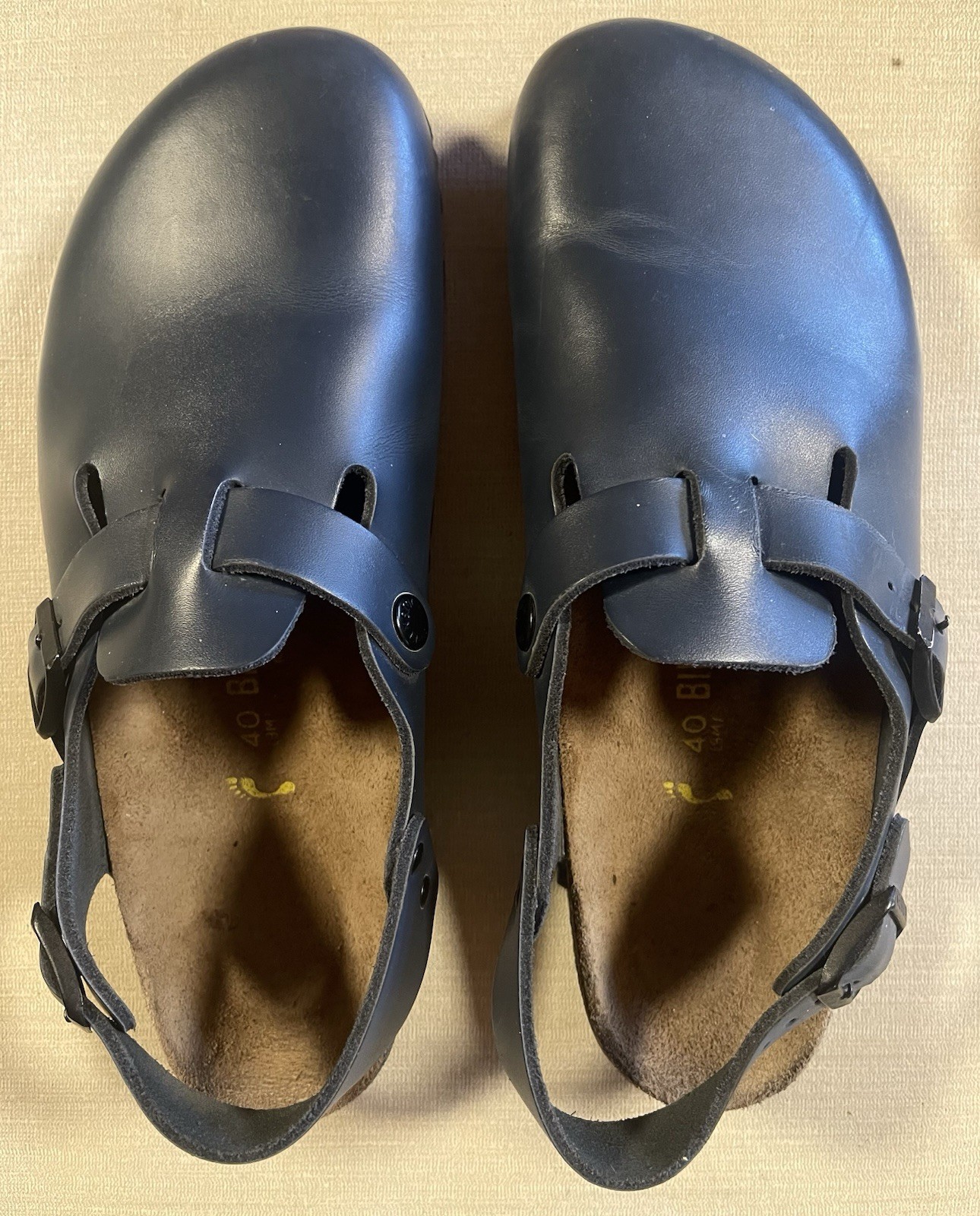 BIRKENSTOCK, 40 M7 W9 TOKIO NAVY BLUE LEATHER CLOG, ANKLE STRAP (Worn Briefly)