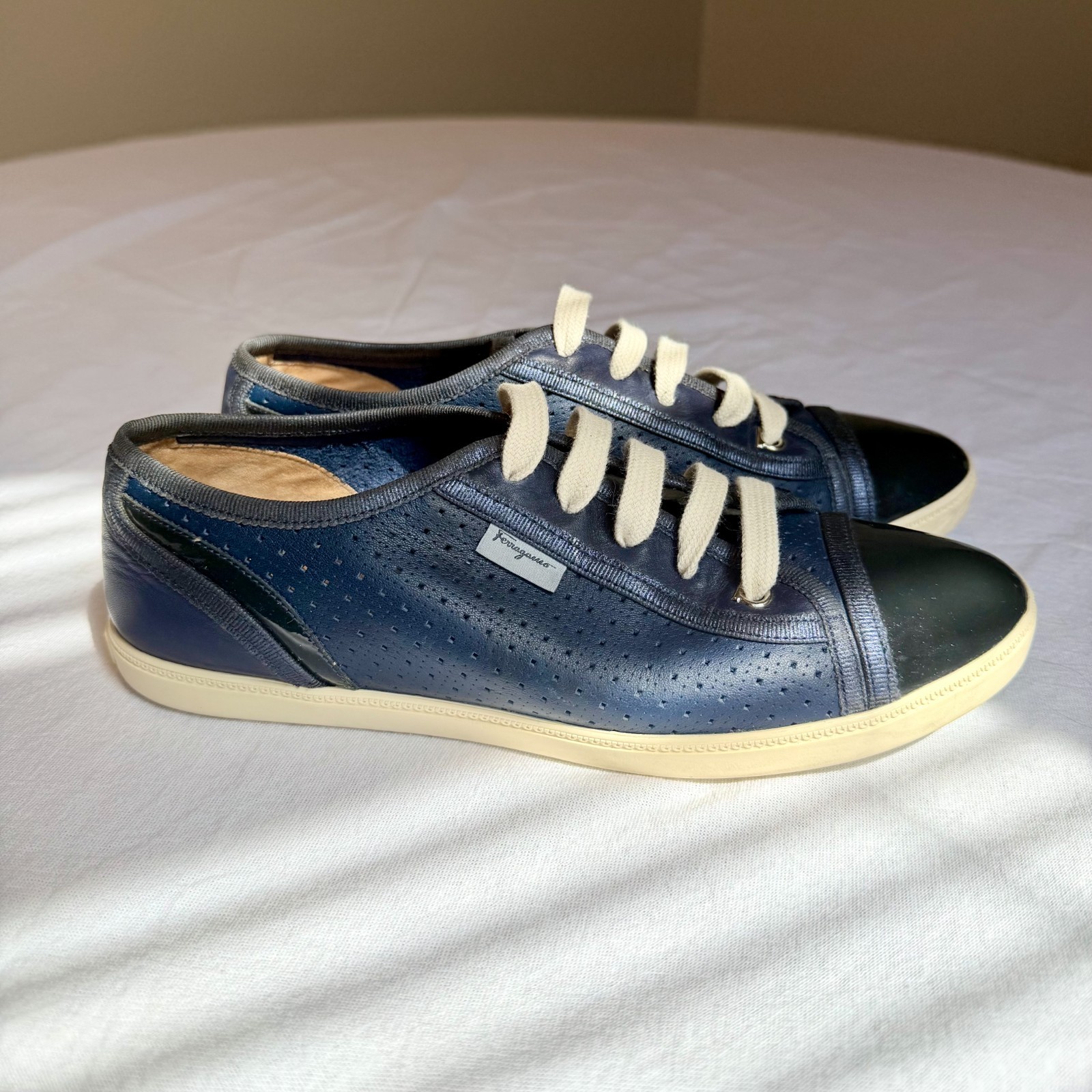 Salvatore Ferragamo Soho Perforated Sneakers Navy Leather Women’s Size 7.5 M
