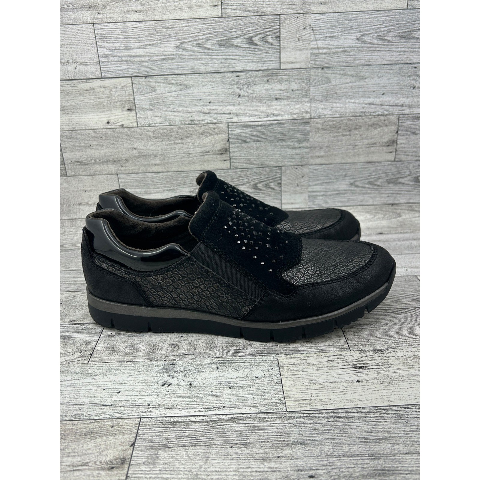 Spring Step Comfort Slip On Loafers Black Snake Embossed Embellished Size 40