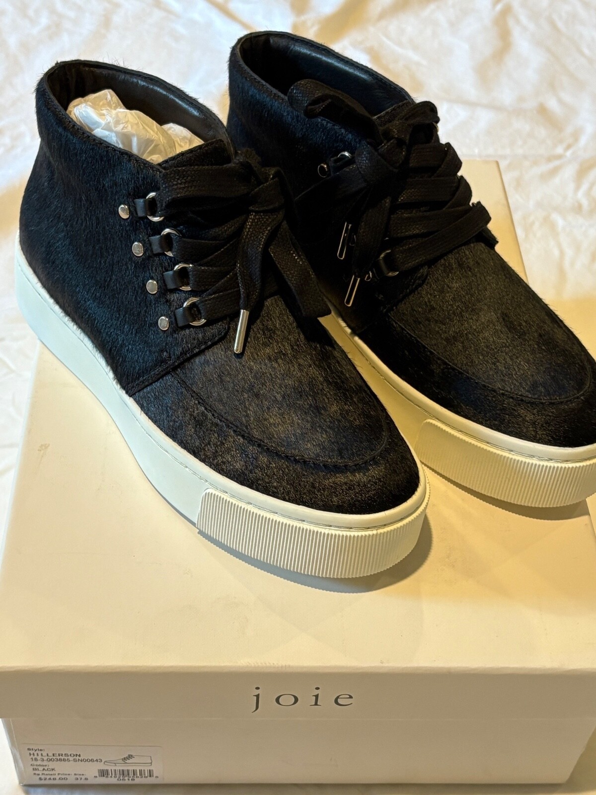 Joie Hillerson Black Mid-top Sneakers Pony Hair Size 37.5 New in Box wDust Cover